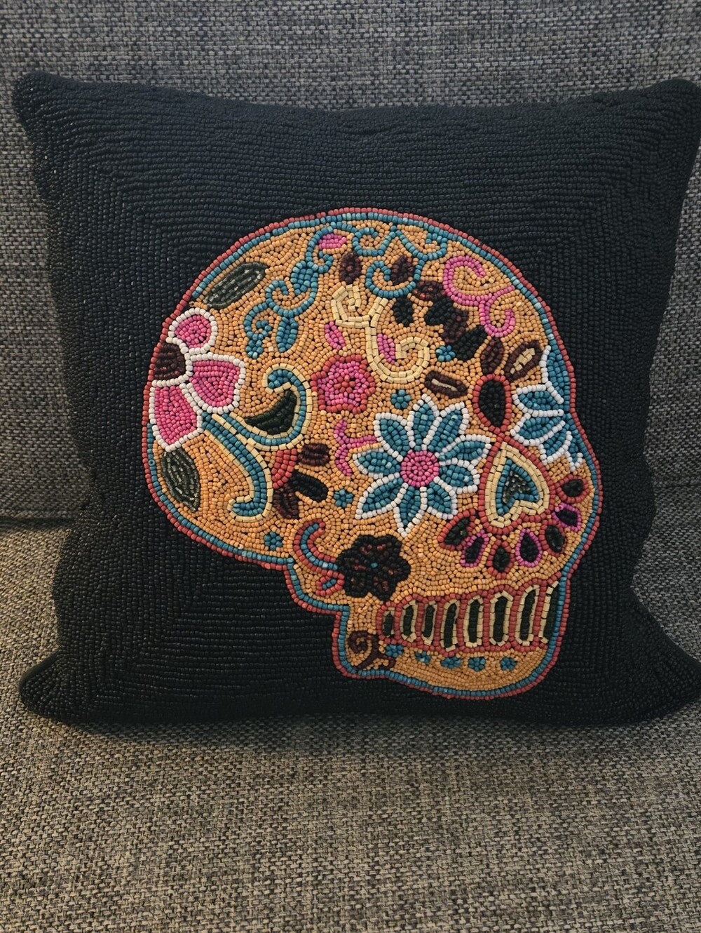 Beaded Sugar Skull Accent Pillow - Black with Multicolor Embroidery